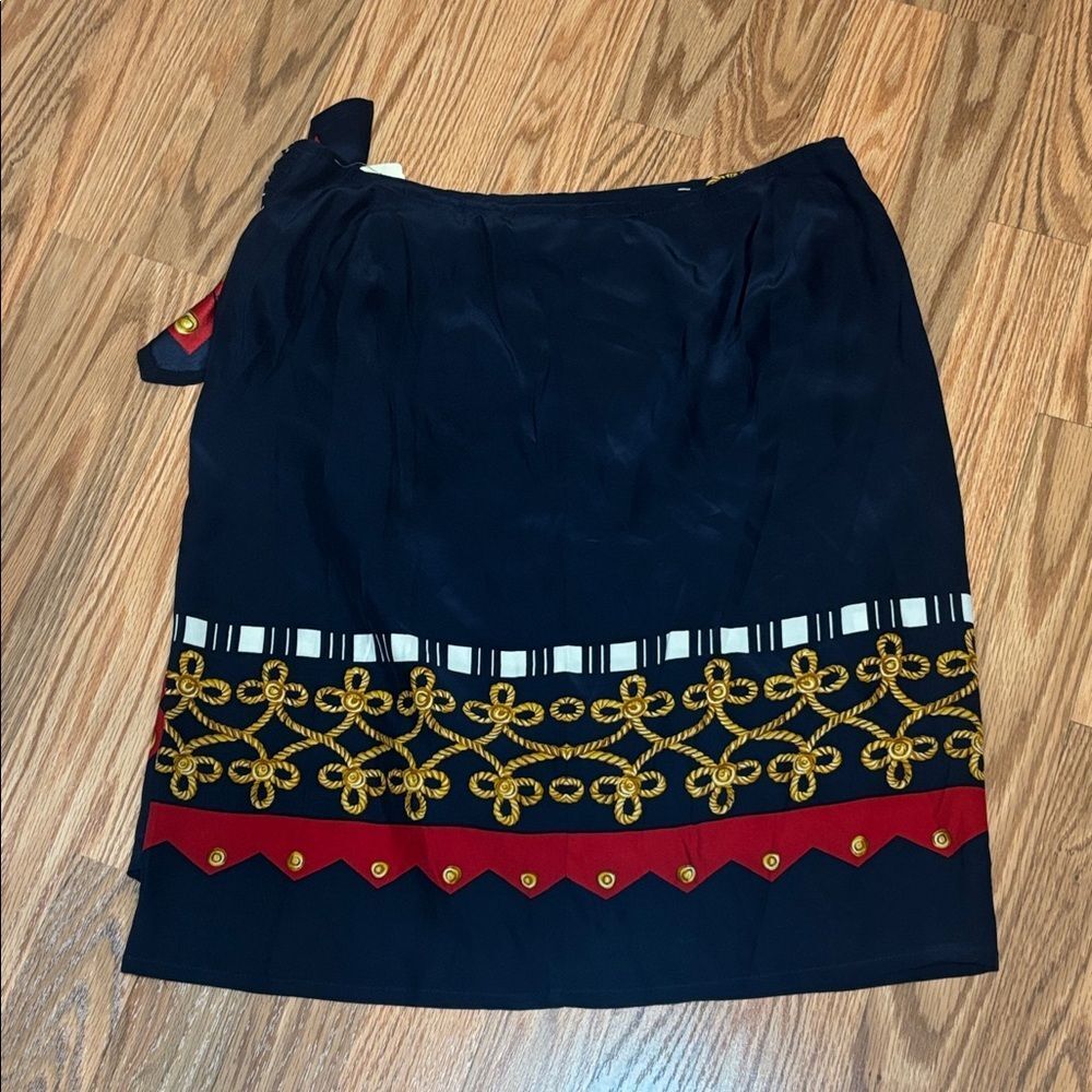 Peter Nygard Vintage SILK Wrap Skirt, navy, red, gold, 12 - Picture 4 of 9